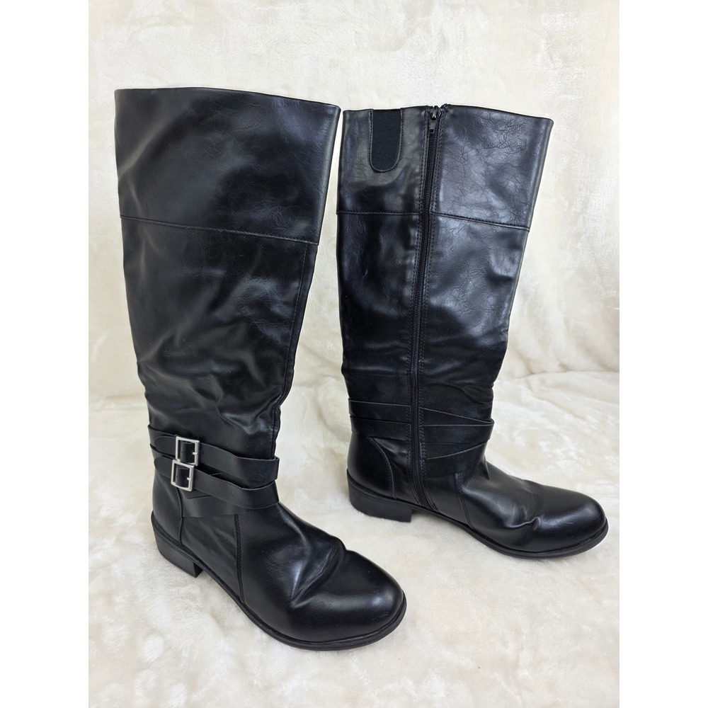 Womans Arizona Denmark Riding Boots 8M Black Full Zip Strappy Buckle Accent